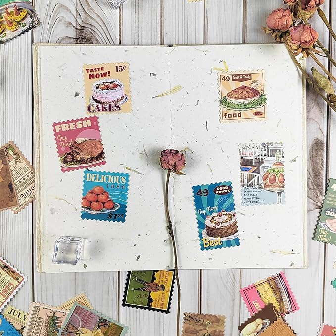 Prstincol 100 Pcs Scrapbooking Stickers,Food Stickers for Scrapbooking,Vintage Stamp Sticker for Journaling,Retro Poster Sticker for Water Bottle Laptop Phones Bullet Journal