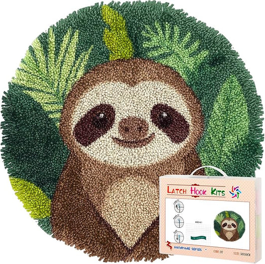 Latch Hook Rug Kit Cute Sloth Stamped Handmade Round Shape Carpet Crochet Yarn Craft DIY Hook and Latch Door Mat Tapestry for Christmas Home Floor Decor 50x50cm(1)