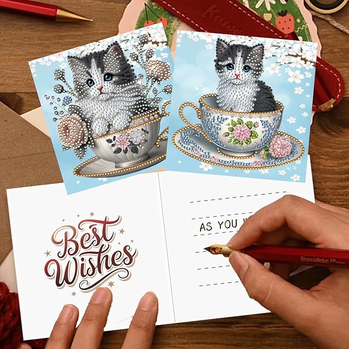 YOKUSHI 12 PCS Cat Diamond Art Painting Greeting Cards, Spring Flowers Craft DIY Card Making Kits for Adults Gifts (Cat)