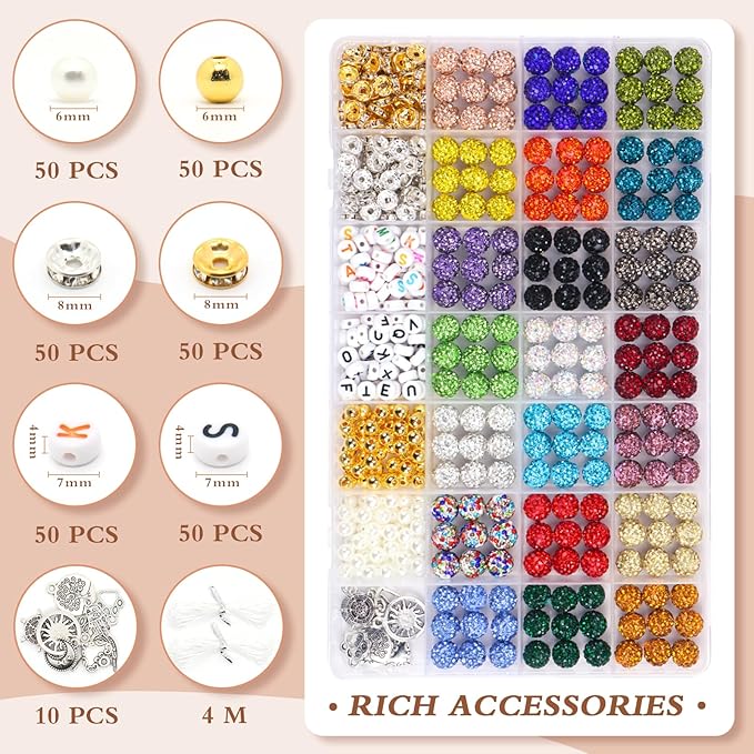 501 Pcs Rhinestone Bead Kit for Bracelet, 10mm Sparkle Clay Crystal Beads for Jewelry Making, 21 Colors Shiny Disco Ball Beads for Crafts Baseball Necklace Keychain Earrings DIY Decoration (Kit 1)