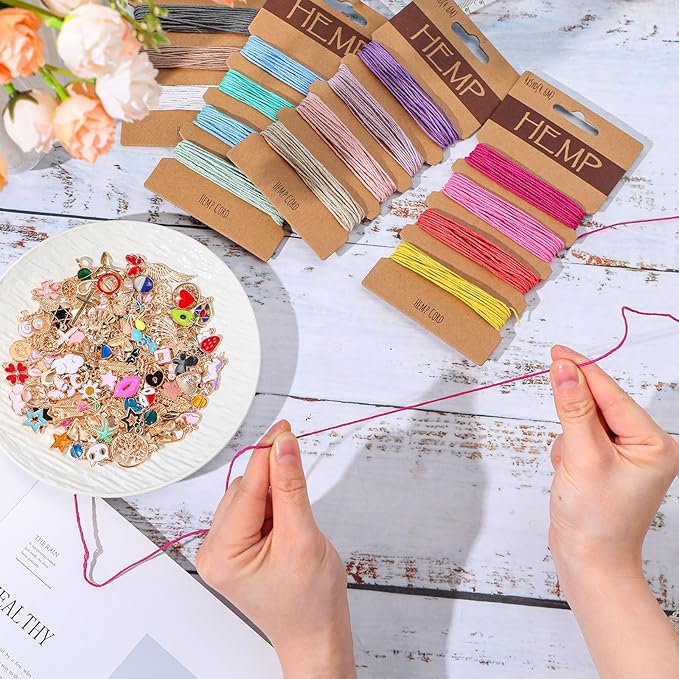 Quelay Hemp Cords Jewelry DIY Making Kits, 16 Pcs 84 Yards Flax String Cord Natural Twine Rope and Various Styles Bracelet Charms for Friendship Bracelet Necklace Keychain Gift Craft Making (Colorful)