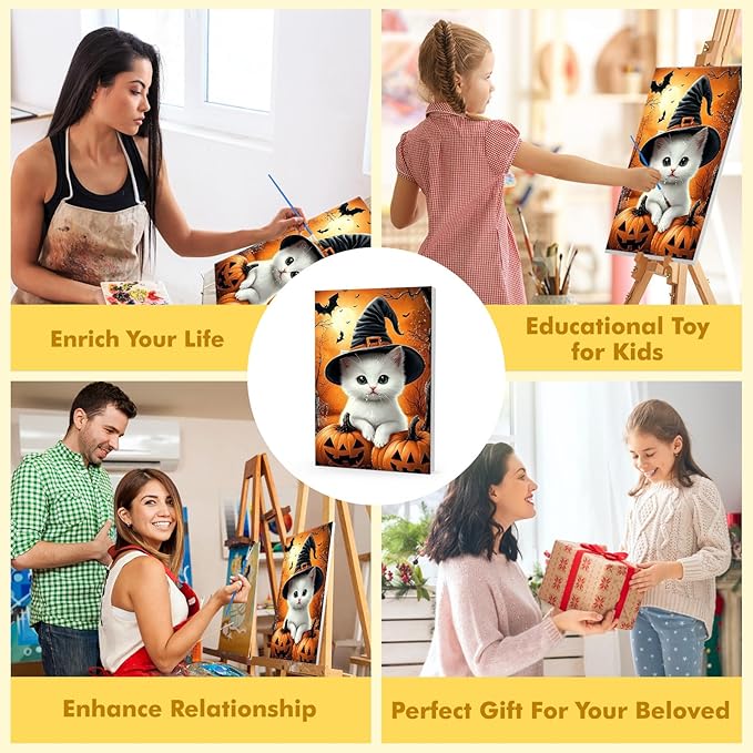 Bowetile Halloween Framed Paint by Numbers for Adults, Adults' Paint-by-Number Cat Kits on Canvas, Easy Acrylic Pumpkin Number Painting Crafts Kits Halloween Gifts for Home Decor, 8x12in