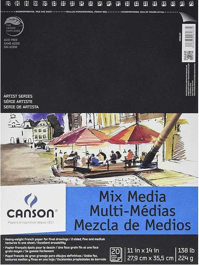 Canson Artist Series Mixed Media Paper, Wirebound Pad, 9x12 inches, 20 Sheets (138lb/224g) - Artist Paper for Adults and Students - Watercolor, Gouache, Graphite, Ink, Pencil, Marker