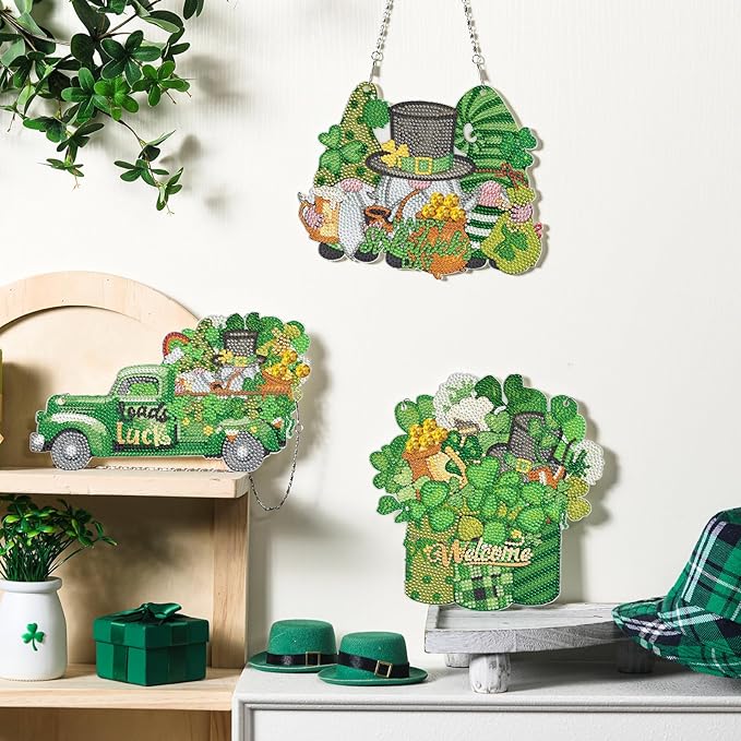 Burbell 3 Pcs St. Patrick's Day Diamond Painting Kits DIY Diamond Painting Hanging Sign Shamrock Gold Coin Beer Truck Gnome Art Kit for St. Patrick's Day Home Wall Decorations Mosaic Crafts Garden