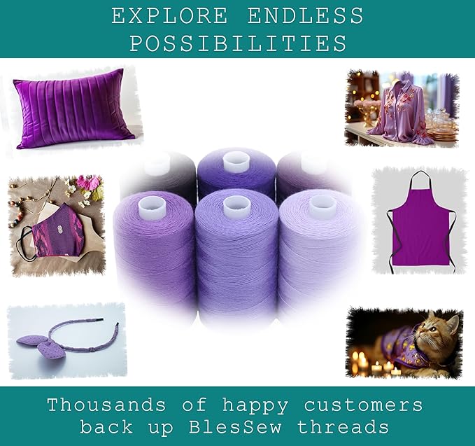 BlesSew Sewing Thread in Purple Color Tones – 6 Spools of Polyester Thread for Sewing Machine for Beginners, Hand Stitching & Quilting - 1000 yds per Spool