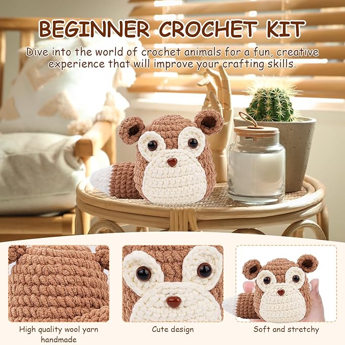 Vanttokeey Crochet Kit for Beginners, Animal Amigurumi Crochet Kits Included, Step-by-Step Video Tutorials, Beginner Crochet Kit for Adults and Kids, Crocheting Starter Set (Squirrel)