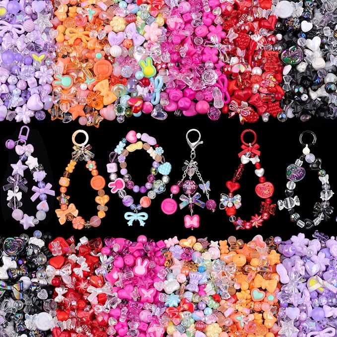 400-450PCS TINKRSTUFF Assorted Acrylic Beads, 6 Mixed Colors Cute Beads for Bracelet Making, Bow Flower GummyBear Kawaii Charms, Aesthetic Beadfor Necklace Keychain Jewelry Making DIY Phone Charm