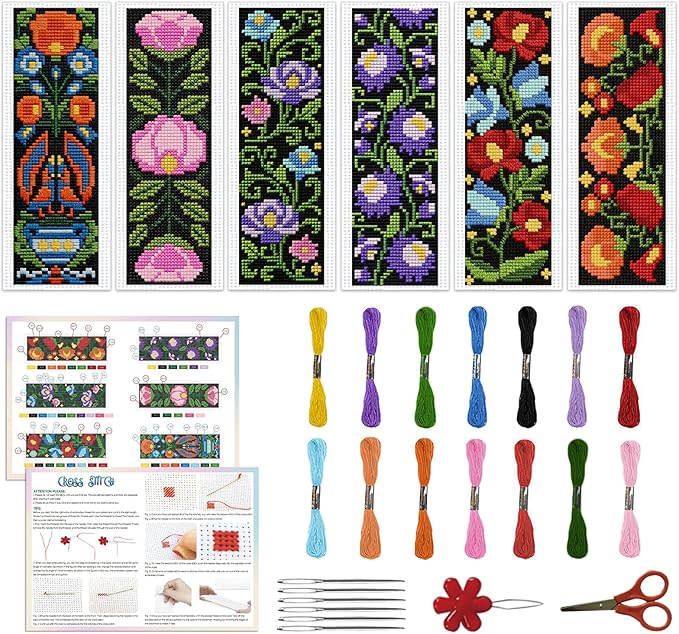 ACRNIGHEET 6PCS Cross Stitch Kits Stamped Cross Stitch Bookmark Kit for Beginner Adults Easy Flower DIY Embroidery Bookmark Kit Needlepoint Kits with Instructions Book Lovers Craft Gift 8.5''x3'' 11CT