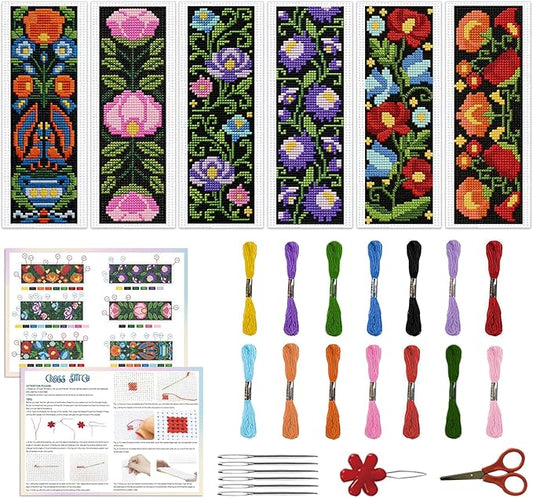ACRNIGHEET 6PCS Cross Stitch Kits Stamped Cross Stitch Bookmark Kit for Beginner Adults Easy Flower DIY Embroidery Bookmark Kit Needlepoint Kits with Instructions Book Lovers Craft Gift 8.5''x3'' 11CT