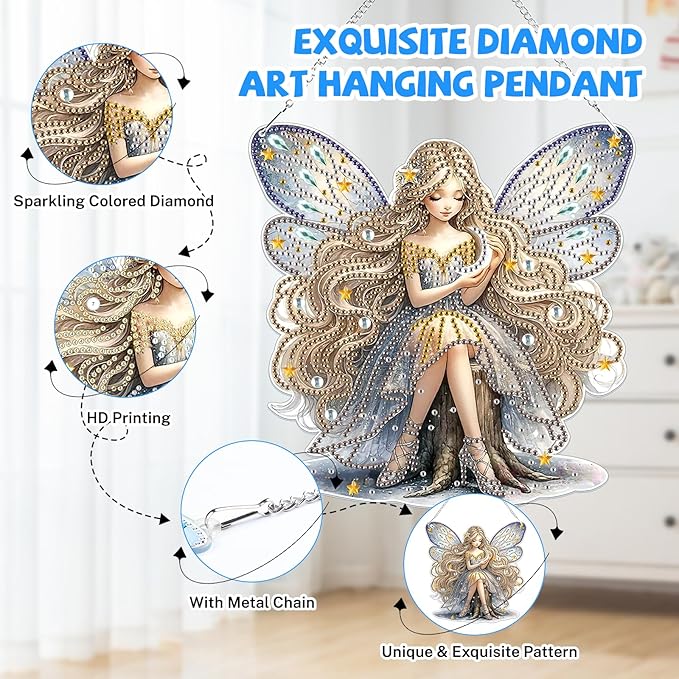 Bowetile Fairy Diamond Art Hanging Kits for Adults, 5D Special Shape Diamond Painting Pendant Kits, Animal Gem Art Suncatchers Painting Ornament for Home Garden Wall Decor