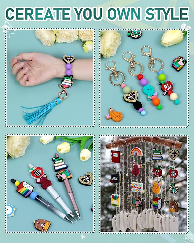 FIVEIZERO 17PC Teacher Silicone Beads - Cartoon Focal Beads for Back to School, Keychains, Pens, Jewelry Making & Teacher Appreciation Gifts