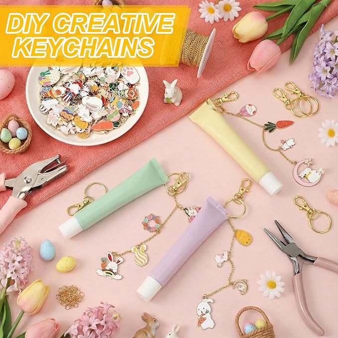 VioraWhite 213 Pcs Easter Theme Lip Gloss Keychain Making Kit 100 Pink Enamel Charms 32.81 ft Gold Chains for DIY Crafts Women
