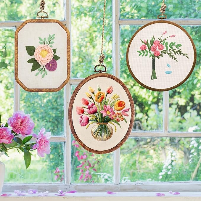 9 pcs embroidery hoop frame set decorative imitated wood embroidery hoop display frame for art craft sewing decorative ornaments, circle, oval, octagonal embroidery hoops