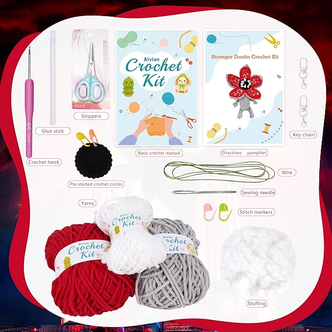 Alvian Monster Crochet Kit for Beginners – Amigurumi Demogorgon-Inspired Keyring DIY Craft with Step-by-Step Video Tutorial All-in-One Crochet Starter Kit with Yarn & Tools