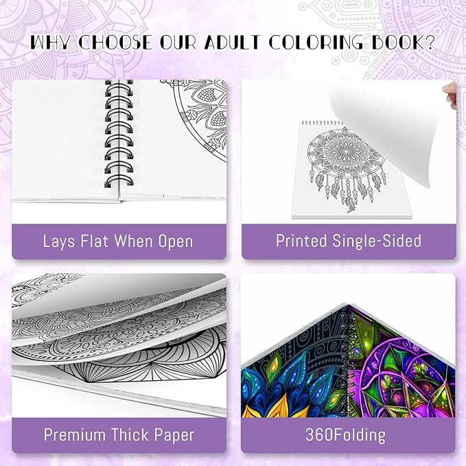 Coloring Book for Adults Relaxation, Mandala Adults Coloring Book for Women Spiral Bound Single-Sided Print Mindfulness Relaxing Gifts for Women to Stress Relief & Relieve Anxiety