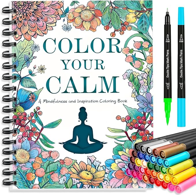 Adult Coloring Book for Women with 36 Dual-Tip Markers, 30 Patterns Positive Quotes Coloring Books for Adults Relaxation, Calming Gifts for Anxiety and Mindfulness Gifts for Women