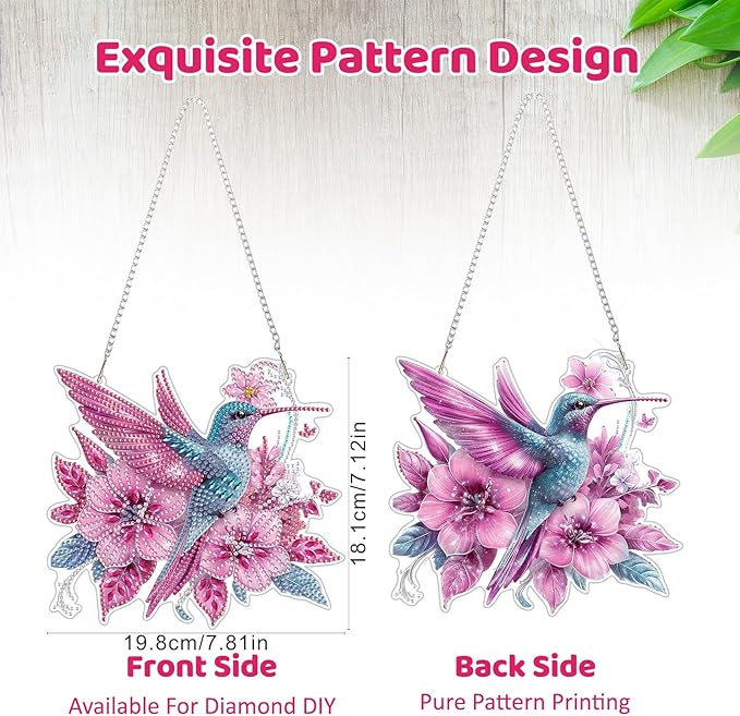 MEIYUDA Flowers Birds Diamond Art Hanging Kits for Adult, Hummingbird Diamond Painting Hanging Kits Ornaments, DIY Special Shaped Rhinestone Window Pendants kit for Home Garden Wall Decor Gift