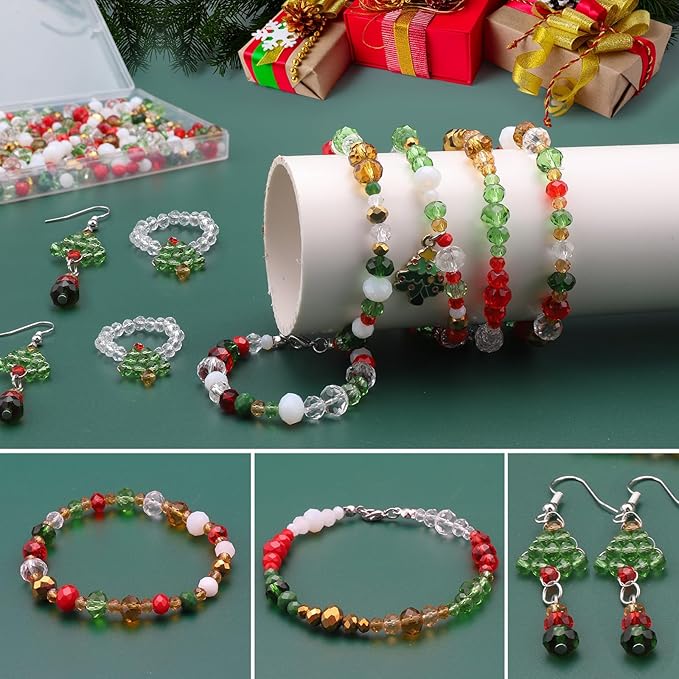 1000pcs Christmas Glass Beads for Jewelry Making Briolette Rondelle Beads Assorted Crystal Beads Loose Spacer Bead for DIY Crafts Bracelets Necklaces Earrings and Christmas Decorations