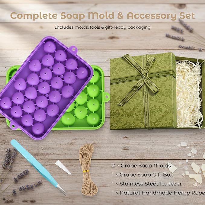 DIY Grape Soap Making Craft Kit for Beginners & Adults, Includes 2 Silicone Molds, 65 FT Jute Twine, 1 Tweezers, 1 Gift Box, Handmade Home Decor Ready for Gifting (Without Soap)