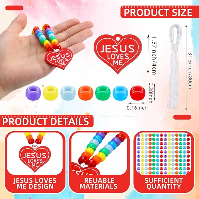Ferreve 24 Sets Easter Christian Beaded Necklace Crafts Kit DIY Jesus Loves Me Heart Bead Craft Bible Religious Necklace Making Kit Bulk for Sunday School VBS Gifts Making