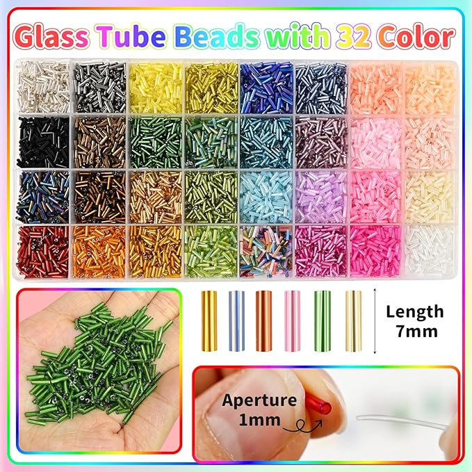 VvLons Glass Bugle Beads Kit 7mm 32 Colors Vibrant Tube Beads Kit for DIY Bracelet Necklaces Hand Embroidery Craft Enthusiasts & Home Decoration Jewelry Making Supplies for Adult