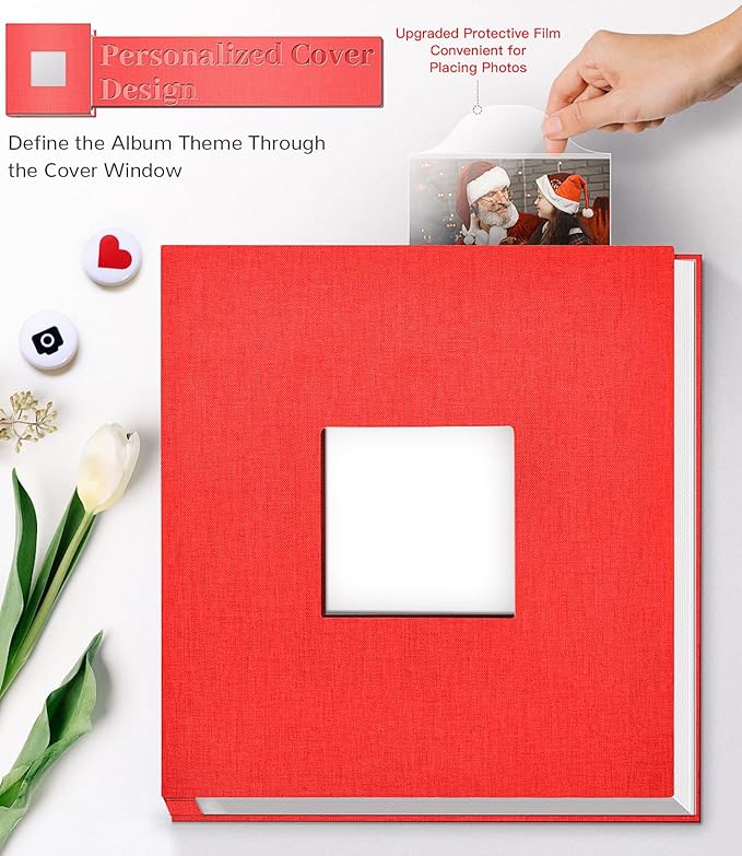 Photo Album Self Adhesive Scrapbook Album for 3x5 4x6 5x7 8x10 Pictures,40 Pages Linen Cover with Display Window DIY Photo Book,Ideal Gifts for Family Travel Wedding Baby