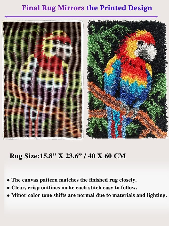 KitsMaster Tropical Parrot Paradise Latch Hook Kit, Bright Macaw Rug Craft for Adults & Beginners, Wall Hanging Craft Kit with Pre-Printed Canvas, Color-Coded Yarn, 23.6''x15.8'' (Tropical Parrot)