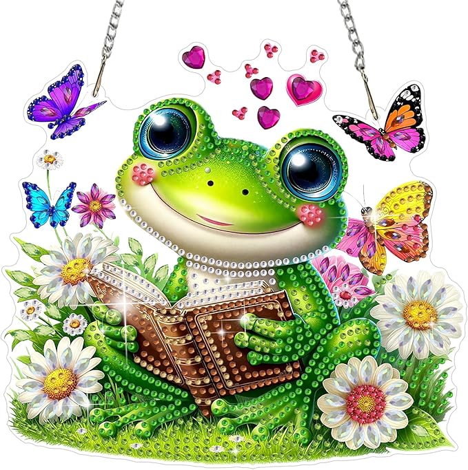 MEIYUDA Frog Diamond Art Hanging Kits for Adult, Cute Frog Diamond Painting Hanging Kits Ornaments, DIY Special Shaped Rhinestone Window Pendants kit for Home Garden Wall Decor Gift
