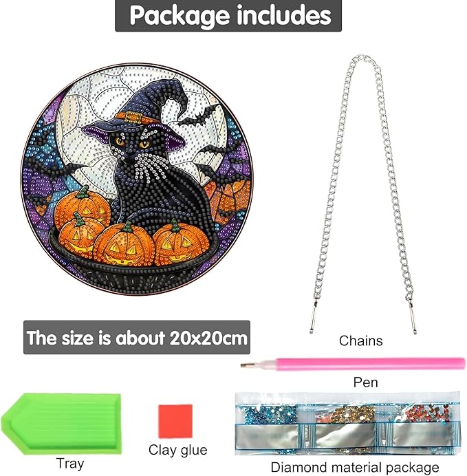 Bimkole Cats Diamond Art Hanging Kit for Adult, DIY 5D Diamond Art Halloween Window Pendant, Acrylic Crystal Art Hanging Ornament Home Wall Garden Front Door Sign Outdoor Decor 7.8x7.8 Inch