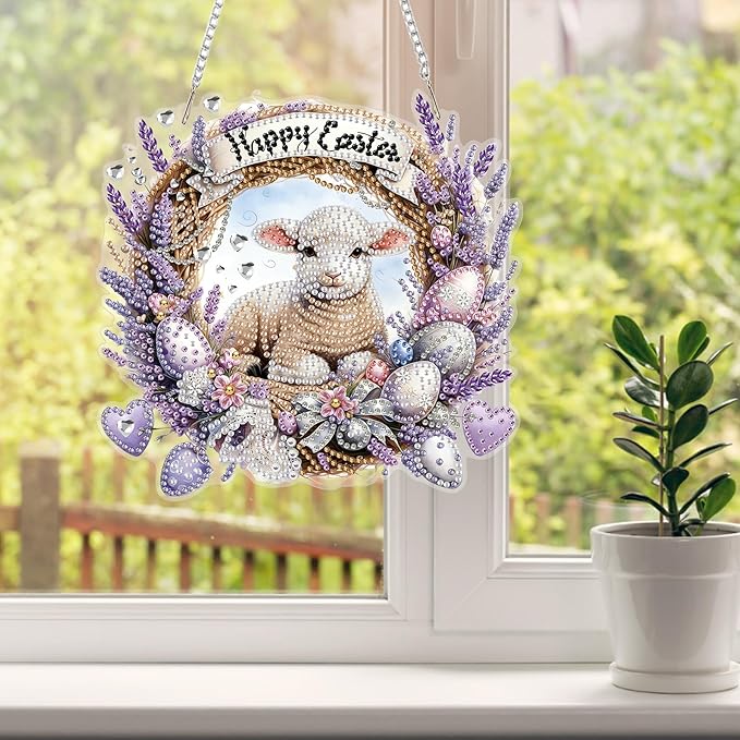 HEIBAGO Easter Lamb Diamond Art Hanging Kits for Adults, Diamond Art Suncatchers Sheep, 5D Special Shape Diamond Painting Pendant, DIY Window Ornament Gifts for Home Garden Door Wall Decor 8.3 x 8.3In