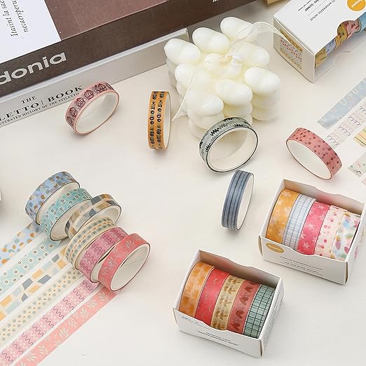 YUBX Basic Washi Tape Set 30 Rolls Cute Patterns Decorative Skinny Slim Masking Tapes for Arts, DIY Crafts, Journals, Planners, Scrapbook, Wrapping (Kawaii One)