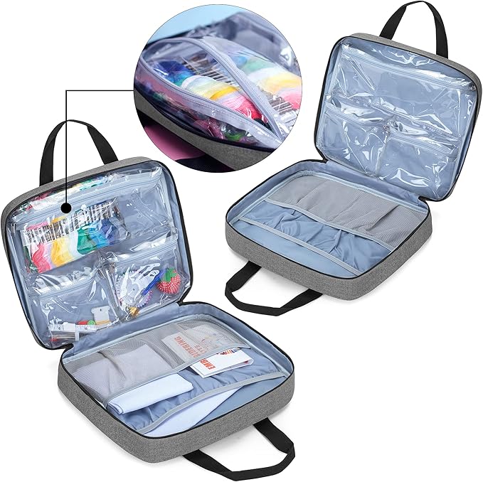 LoDrid Embroidery Kit, Embroidery Project Bag with Embroidery Kit, Portable Craft Carry Case with Starter Kit, Embroidery Supplies Storage Bag and Cross Stitch Kits for Beginners, Adults, Gray