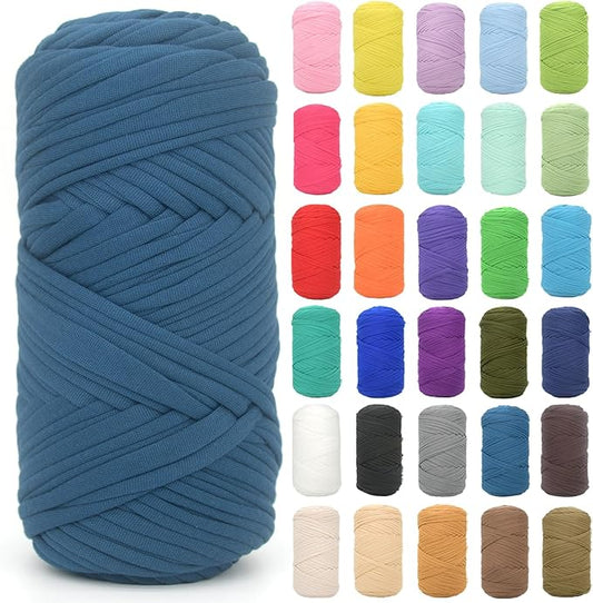 Tshirt Yarn for Crocheting,Denim Blue T Shirt Chunky Elastic Fabric Thick T-Shirt Crochet Yarn for Beginners Crocheting Hand Knitting Bag/Basket/Coasters/DIY Crafts/Home Decor 200G(Denim Blue
