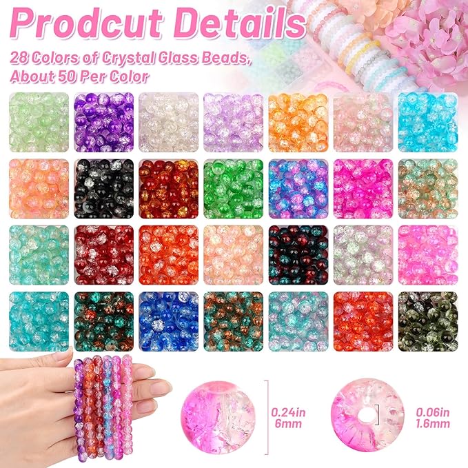 shynek 1400 Pieces 6mm Round Glass Beads for Bracelets, 28 Colors Bracelet Beads, Glass Crystal Beads for Jewelry Making, Bracelet Making and DIY Crafts(Crackle Color)