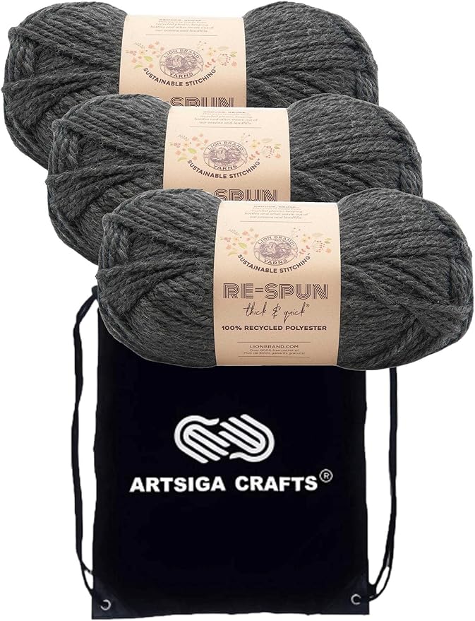 Lion Brand Re Spun Thick & Quick Raven 843-153 (3-Skeins - Same Dye Lot) Weight S Bulky #6 Polyester Yarn for Crocheting and Knitting with Project Bag