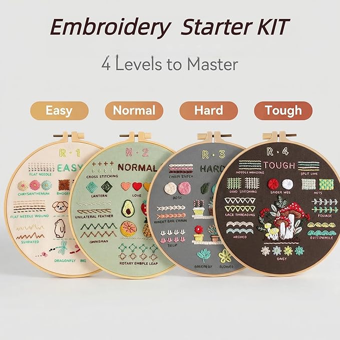 PALUPJEF Embroidery Kit for Beginner and Adults, 4 Hoop Set to Learn 38 Stitches with Pre-Stamped Patterns, Complete Starter Kit with Instructions, DIY Gift for Women
