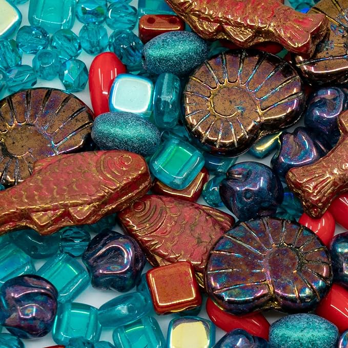 2.1 oz (60 g) Mix of Unique Czech Bohemia Glass Pressed Beads, Matte and Glossy, Hand Made, Coral Red Turquoise New