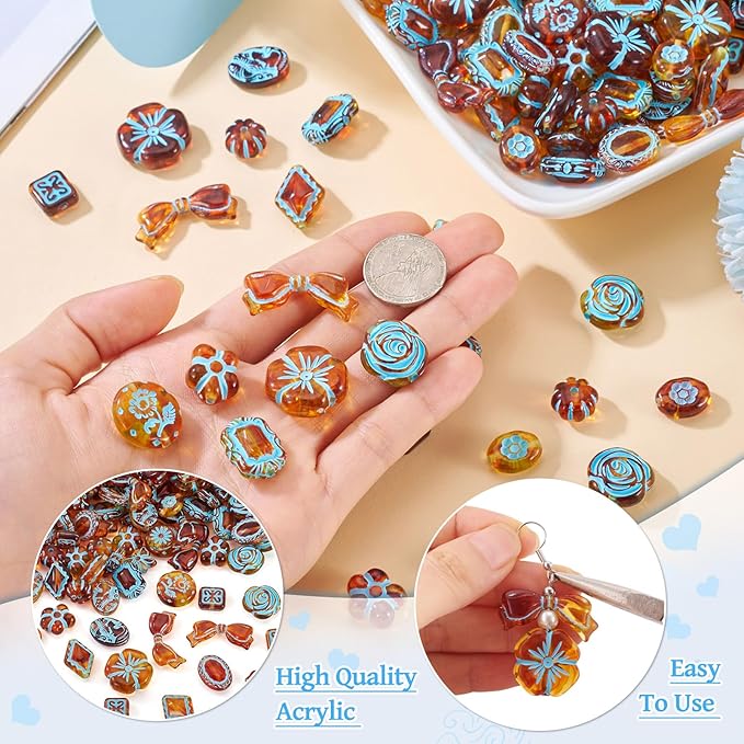 Cheriswelry 160Pcs Assorted Acrylic Beads Vintage Beads Bracelet Making Set Flat Round Flower Butterfly Bow Bead Printed Aesthetic Bead Spacer 11.5-20mm for Necklace Keychain Earring Jewelry Making