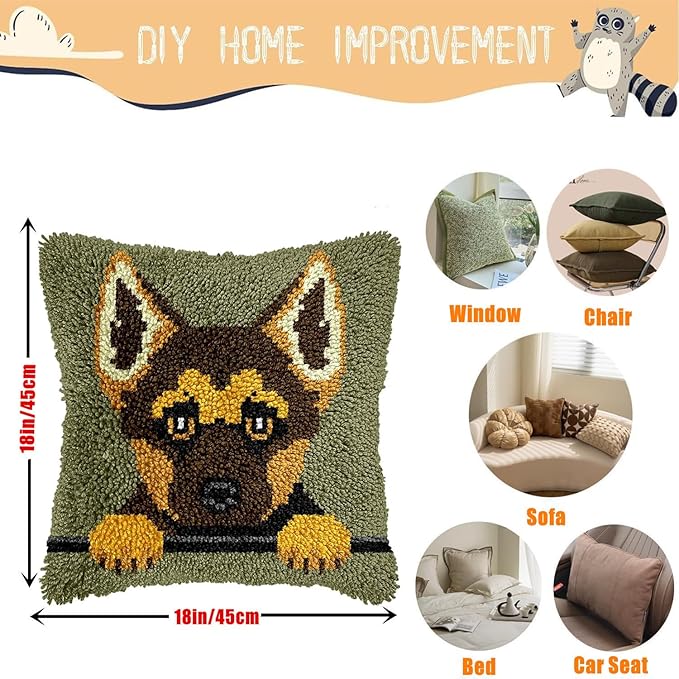 EMISTEM Latch Hook Kits for Adults - Latch Hook Pillow Kits, Crochet Yarn Kit for Beginners, Cross-Stitch Embroidery Cushion Cover Case with Printed Canvas. (Cute Puppy,17x17 inch)