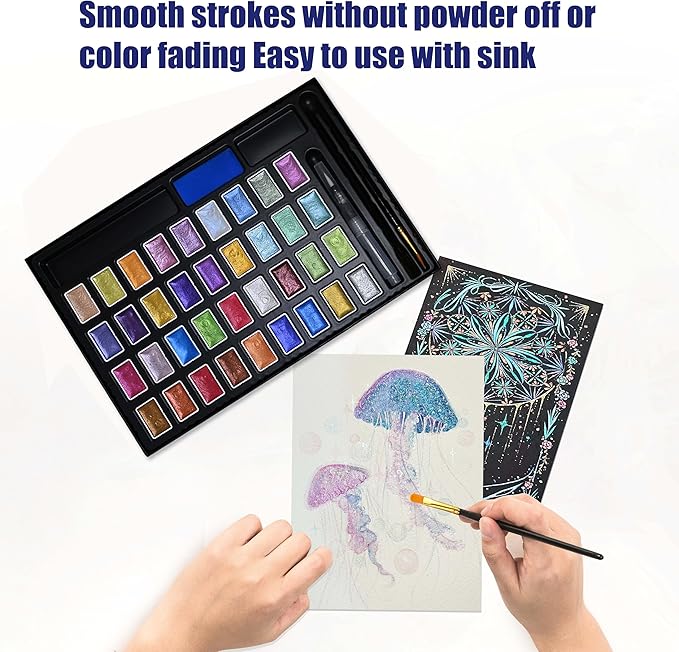 Shimmer Watercolor Paint Set, 36 Colors Glitter Metallic Watercolour Painting Sets, Solid Pearl Water Color Paints for Artists, Amateur Hobbyists and Painting (36 Colours)