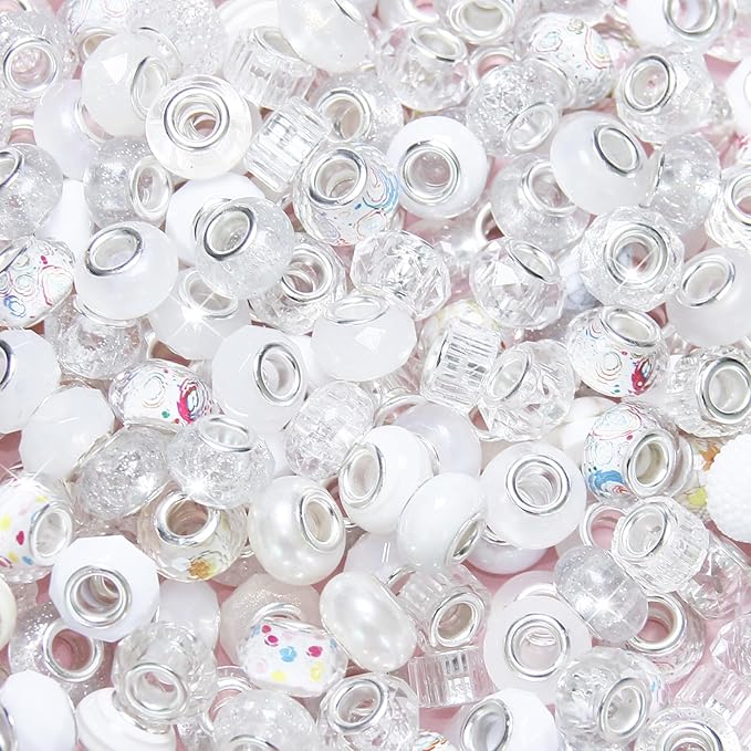 200Pcs White Large Hole Beads, European Craft Big Beads, Large Hole Lampwork Murano Bead, Fairy Wand Garden Bead, DIY Charm Bracelet Necklace Jewelry Making Decoration Supplies