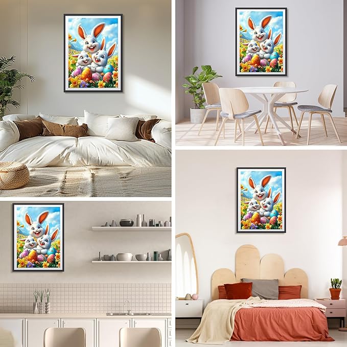 Cartoon Easter Bunny with Eggs Diamond Art Kits for Adults, DIY Diamond Painting Kits for Adults for Beginners, 5D Full Round Drill Gem Art Painting Kit for Home Wall Decor, Happy Easter, 12x16 inch