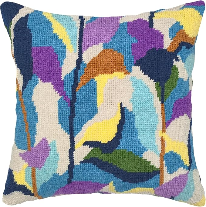 Howie's Needlepoint Needlepoint Kits for Adults, Pillow Front Cross Stitch Kit with Embroidery Pattern on Canvas, Yarn, 2 Needles and Instruction, 16 x 16inch(Blue-Purple Leaves)
