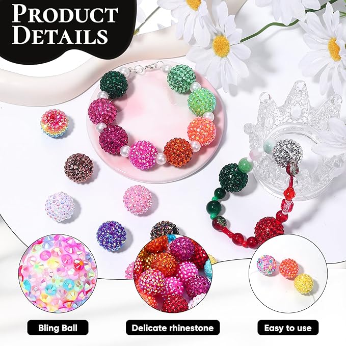 120pcs 20mm Rhinestone Beads, 24 Colors Round Crystal Resin Rhinestone Disco Ball Chunky Bubblegum Beads for Pens, DIY Jewelry Making, Bracelets, Necklace