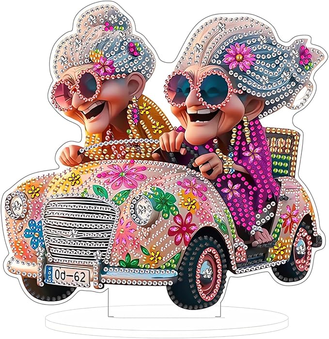 EIBEILI DIY 5D Tabletop Diamond Art Painting Kit，Double Sided Desktop Ornament Special Shaped Rhinestone Desk Placement Ornament，Home Stand Up Gem Painting Craft Kit (Driving Grandma)
