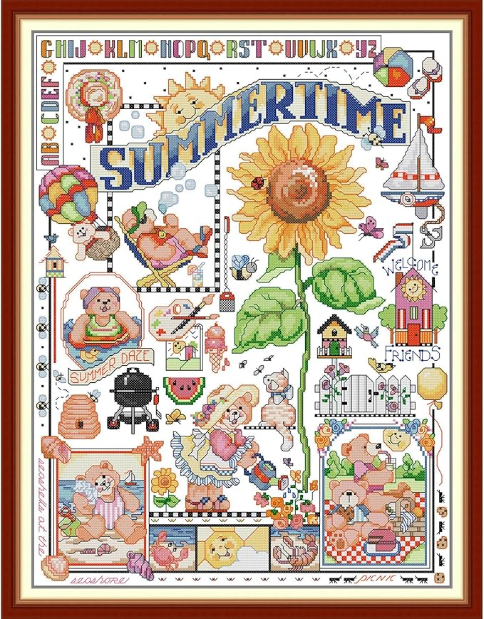 CaptainCrafts New Cross Stitch Kits Embroidery Kit Full Range Pre-Printed and Counted Fabrics Kits for Adults Beginners Home Decor (White Cloth Unpreprint 14CT, Summer time)