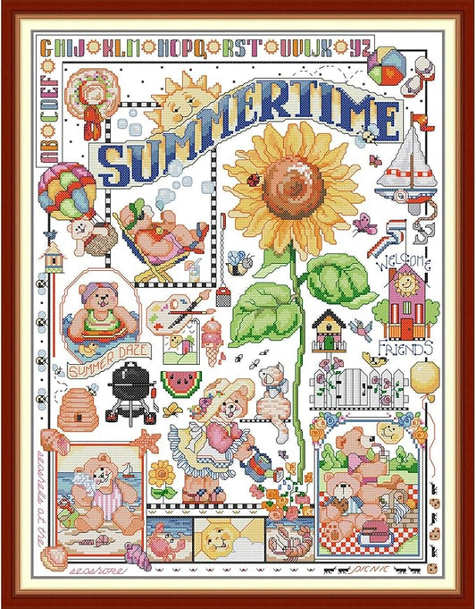 CaptainCrafts New Cross Stitch Kits Embroidery Kit Full Range Pre-Printed and Counted Fabrics Kits for Adults Beginners Home Decor (White Cloth Unpreprint 14CT, Summer time)