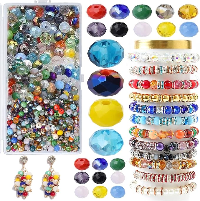 1000 Pcs Rondelle Faceted Glass Beads Crystal Glass Beads for Jewelry Making 4/6/8mm Faceted Briolette Rondelle Bead with Container for Earrings,Necklaces,DIY Beading Projects (Mix)