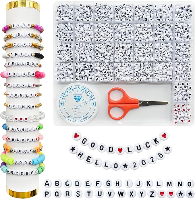 Amaney 1500 Pieces 4x7mm White Round Acrylic Alphabet Letter Beads A-Z Number Beads Star Beads Heart Beads and Crystal Line for Jewelry Making
