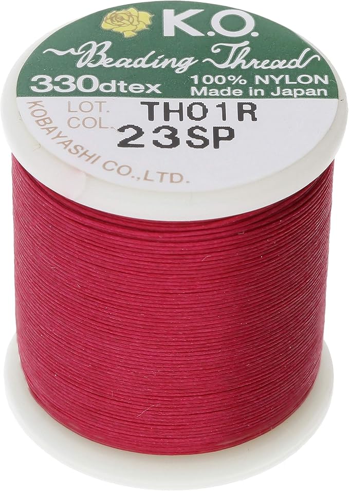 KO Nylon Beading Thread, Scarlet Pink Color, Japanese Pre-Waxed 100% Nylon, 330TEX, Tangle Resistant Knotting Cords, 50m /55 yds Spool, Use for Seed Bead Projects, Loom Work & Bead Weaving